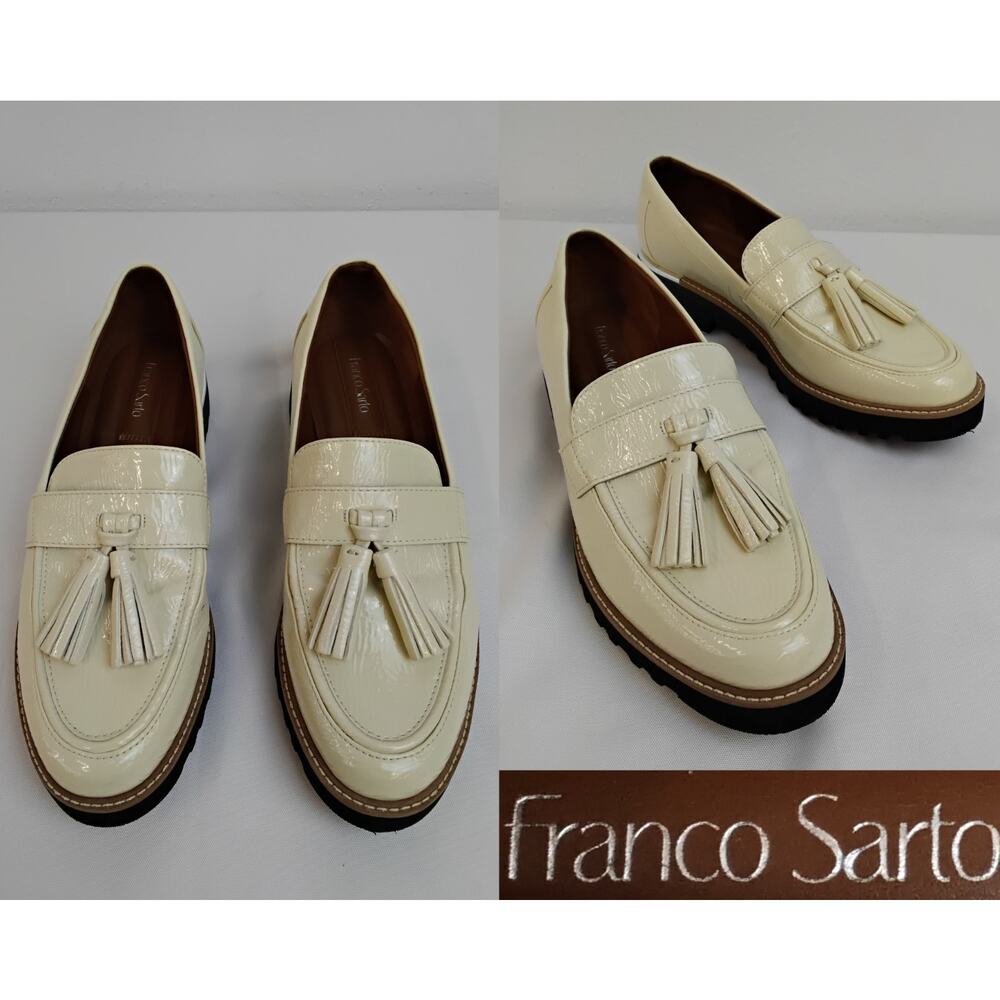 Franco Sarto Patent Leather Tasseled Loafers Women's 8.5 Ivory/Silver #Z5363